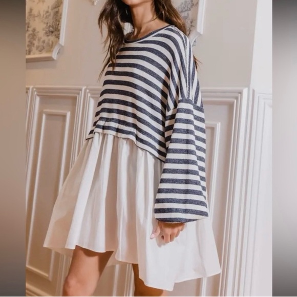 BUCKETLIST - Stripe Top Contrast Poplin Oversized Dress Size M - Picture 3 of 5
